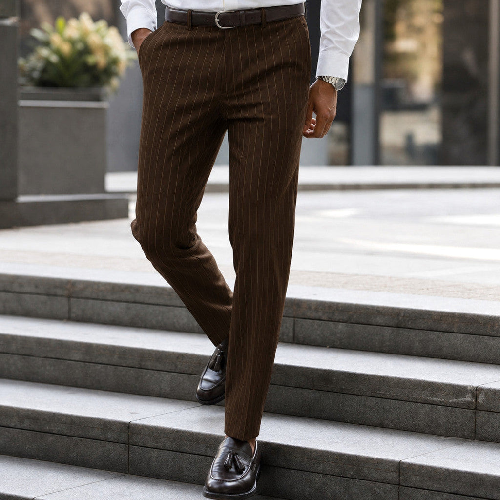 Marnsley | Dress Pants Textured Stripe Regular Fit Brown – Styled Editorial Shot