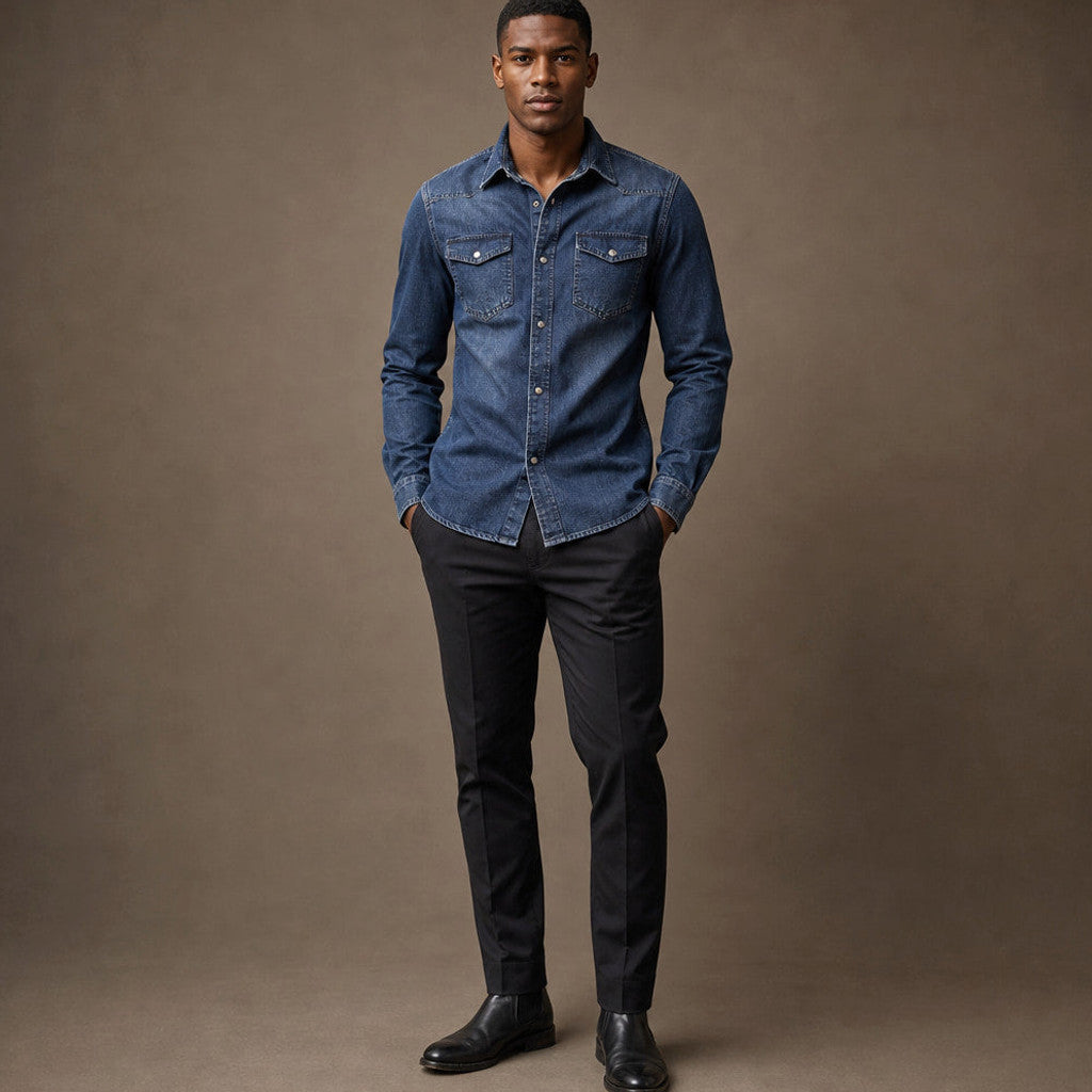 Marton | Denim Shirt Loose Fit Long Sleeve Denim Blue – Full Look