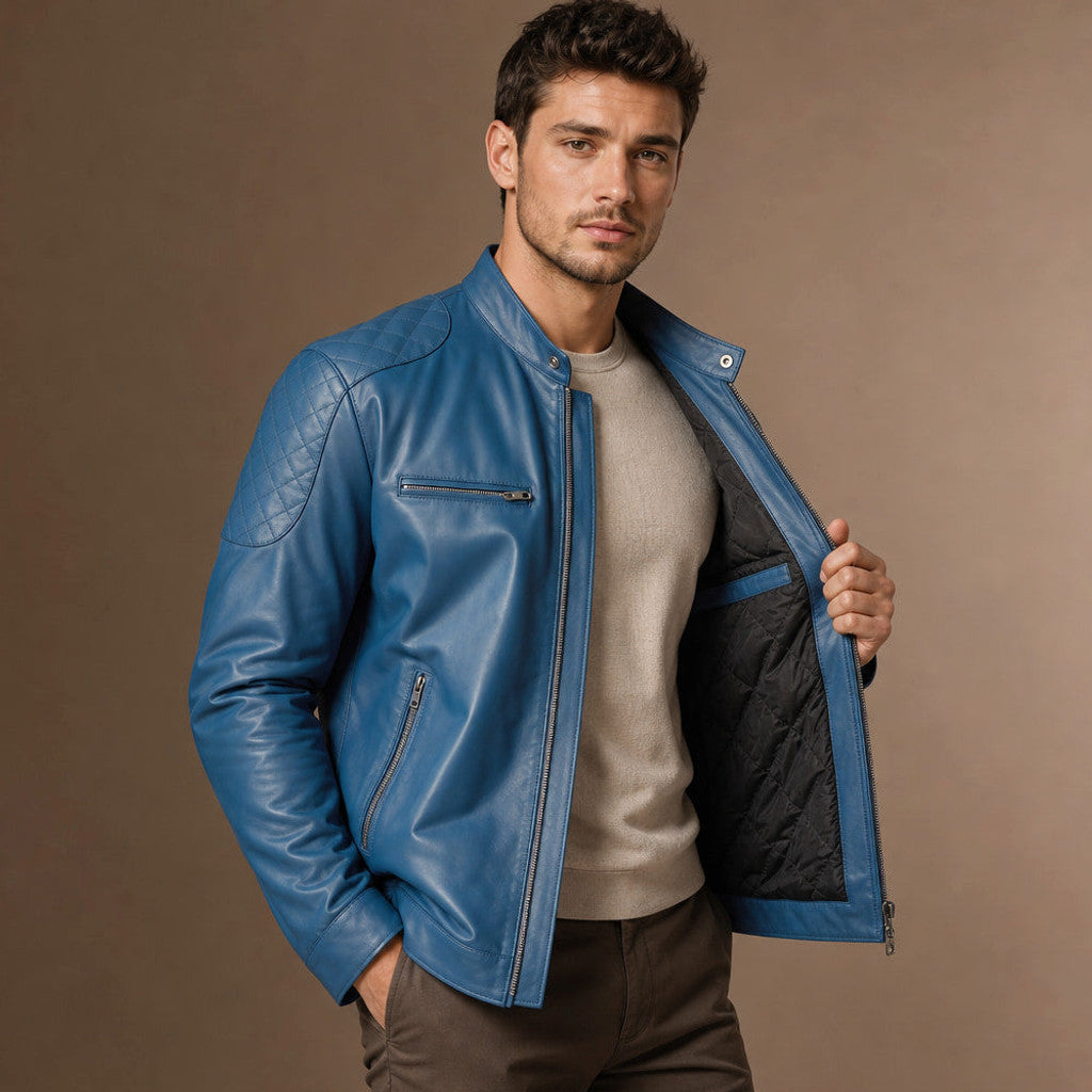Marwood | Cafe Racer Leather Jacket Quilted Teal Blue – Side Angle View