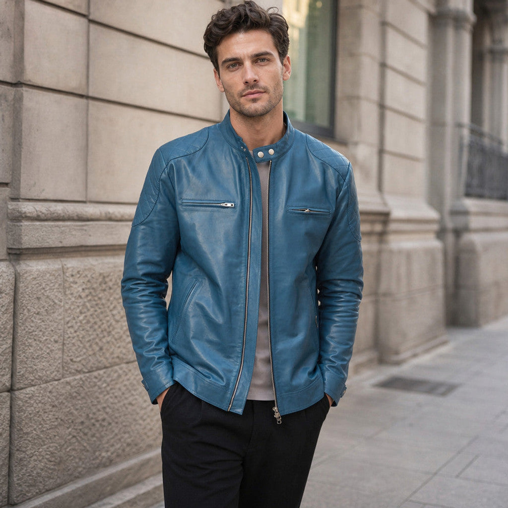 Marwood | Cafe Racer Leather Jacket Quilted Teal Blue – Styled Editorial Shot
