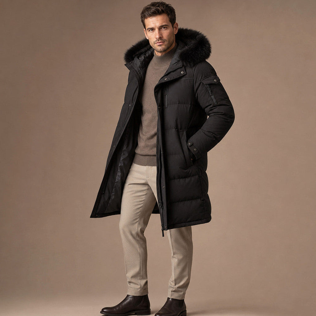 Maxfield | Packable Down Parka Detachable Hood Black – Side Angle View