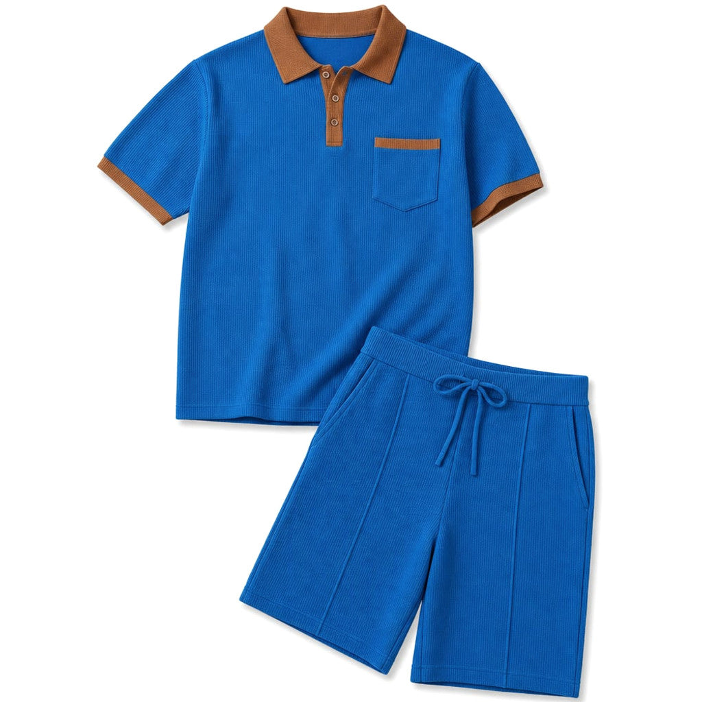 Mens Pant & Polo Waffle Knit 2-Piece Set Straight Leg Blue – Product Photo