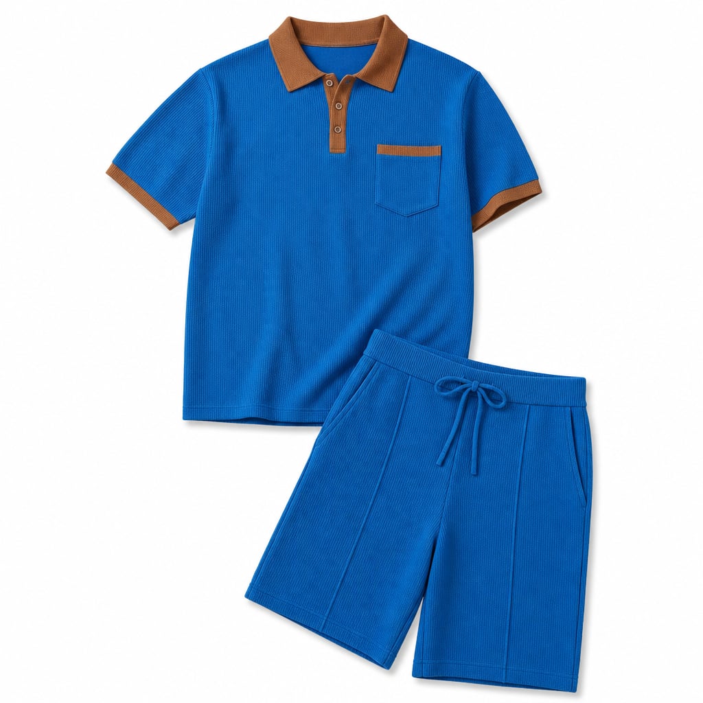 Mens Pant & Polo Waffle Knit 2-Piece Set Straight Leg Blue – Product Photo