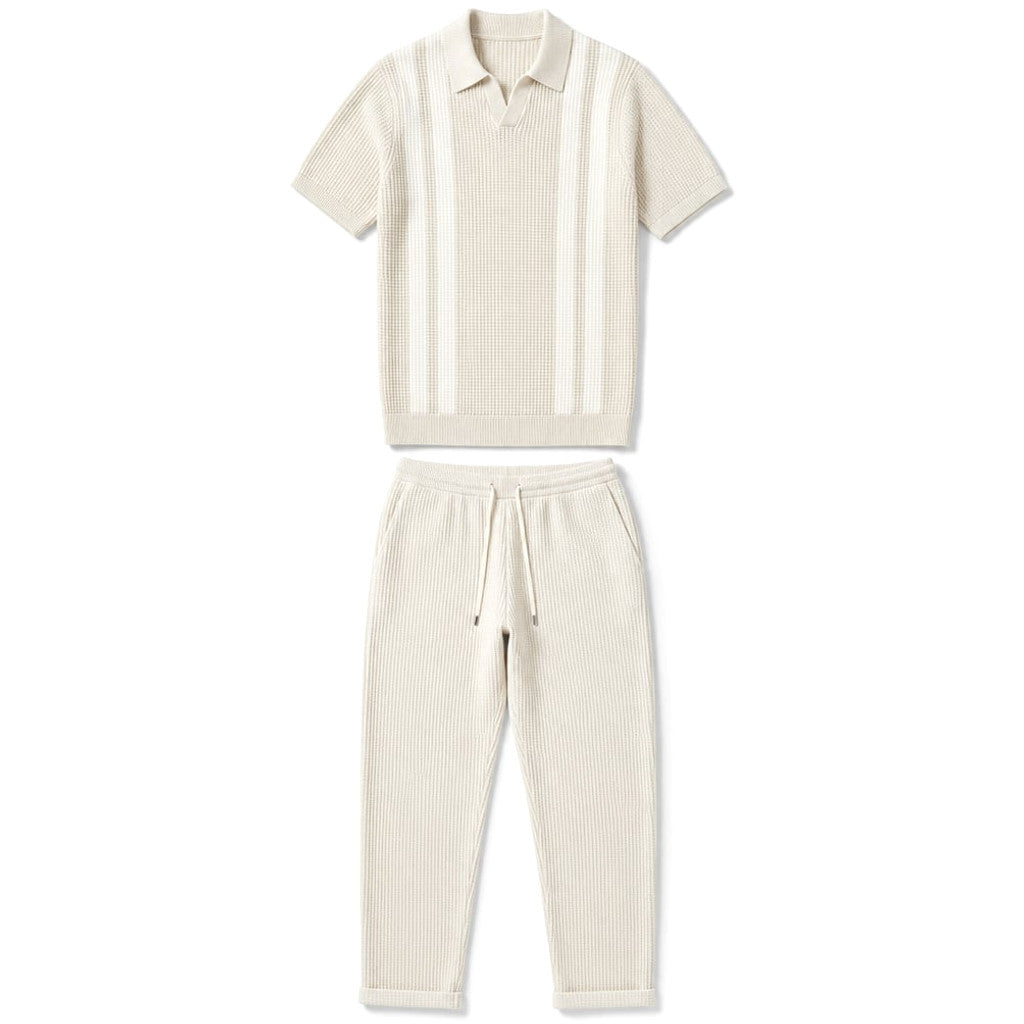 Mens Pant & Striped Knit Polo Set Waffle Drawstring Beige – Product Photo