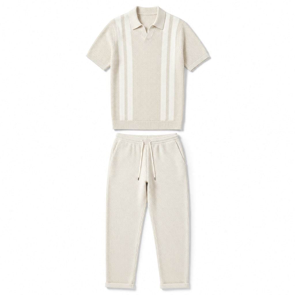 Mens Pant & Striped Knit Polo Set Waffle Drawstring Beige – Product Photo