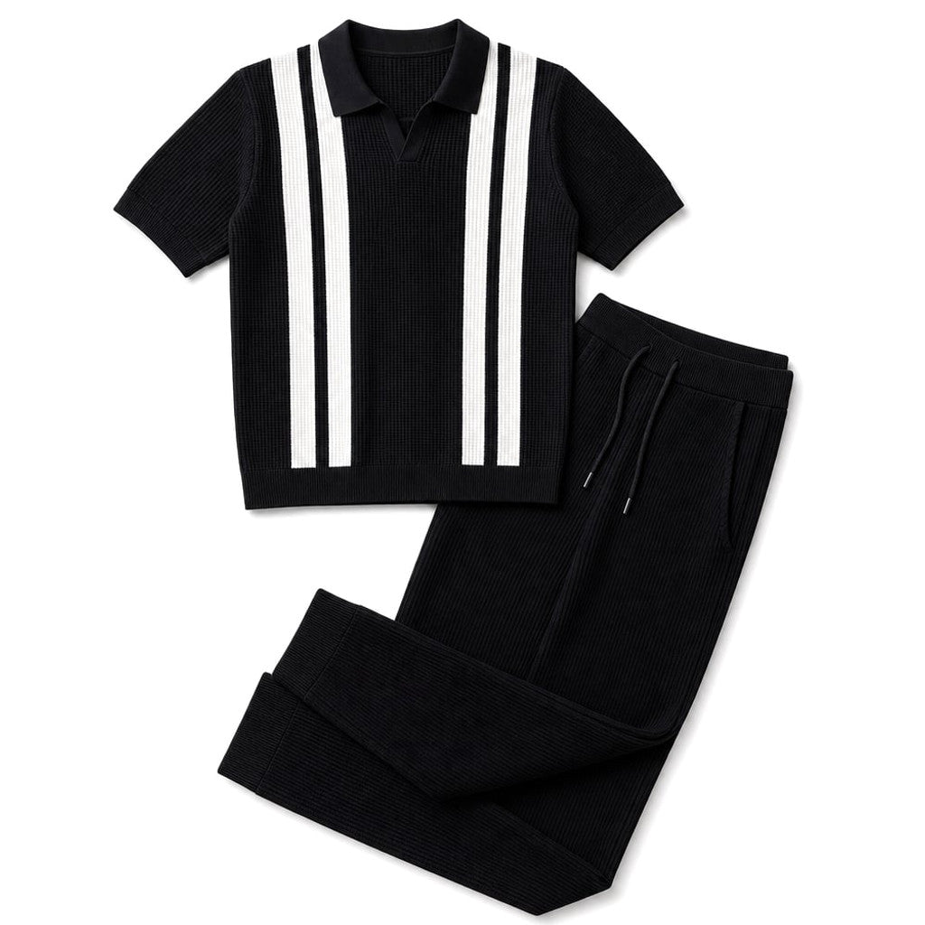 Mens Pant & Striped Knit Polo Set Waffle Drawstring Black – Product Photo