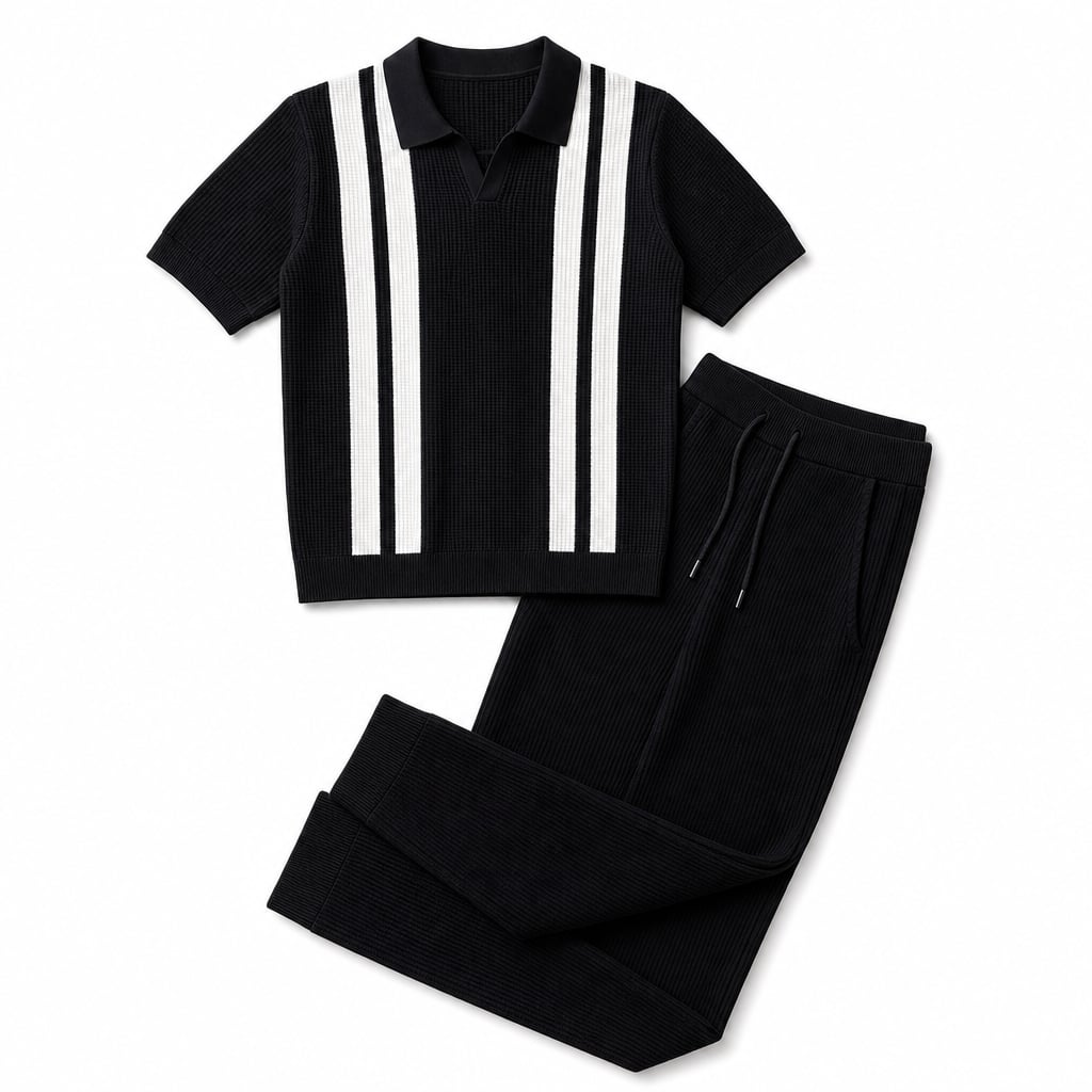 Mens Pant & Striped Knit Polo Set Waffle Drawstring Black – Product Photo