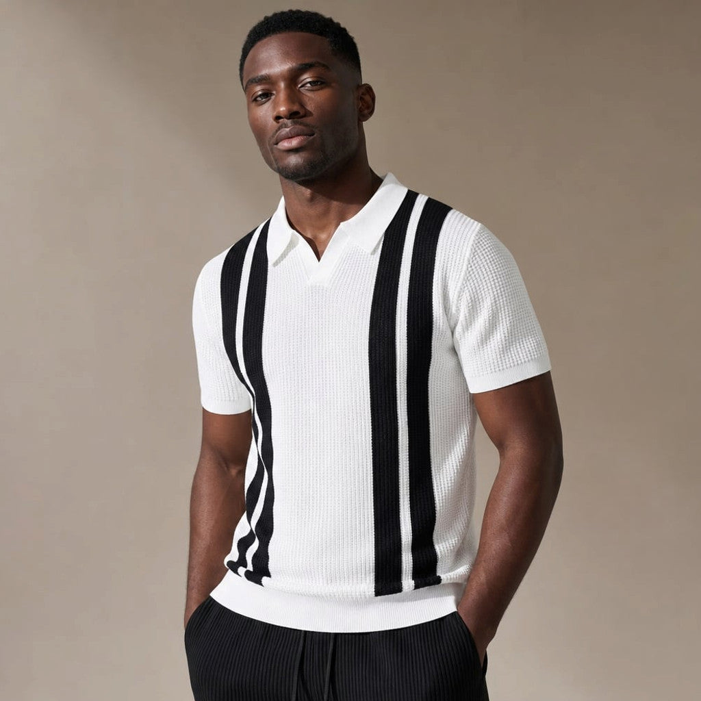 Mens Pant & Striped Knit Polo Set Waffle Drawstring White – Side Angle View