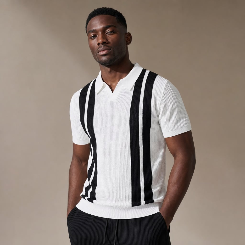 Mens Pant & Striped Knit Polo Set Waffle Drawstring White – Side Angle View