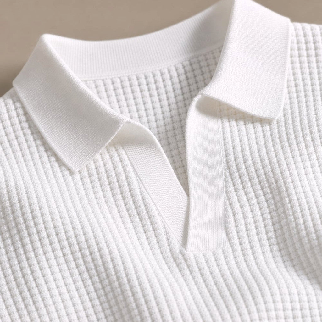 Mens Pant & Striped Knit Polo Set Waffle Drawstring White – Fabric and Detail Close-Up