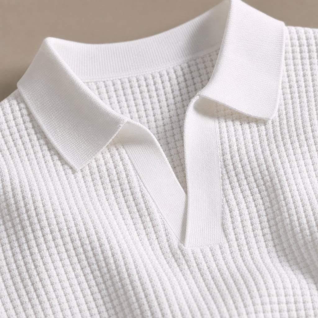 Mens Pant & Striped Knit Polo Set Waffle Drawstring White – Fabric and Detail Close-Up