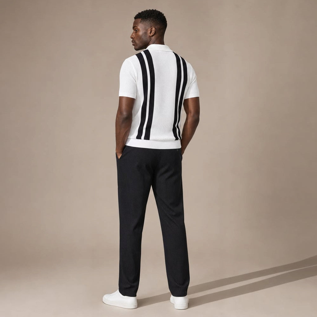 Mens Pant & Striped Knit Polo Set Waffle Drawstring White – Full Look
