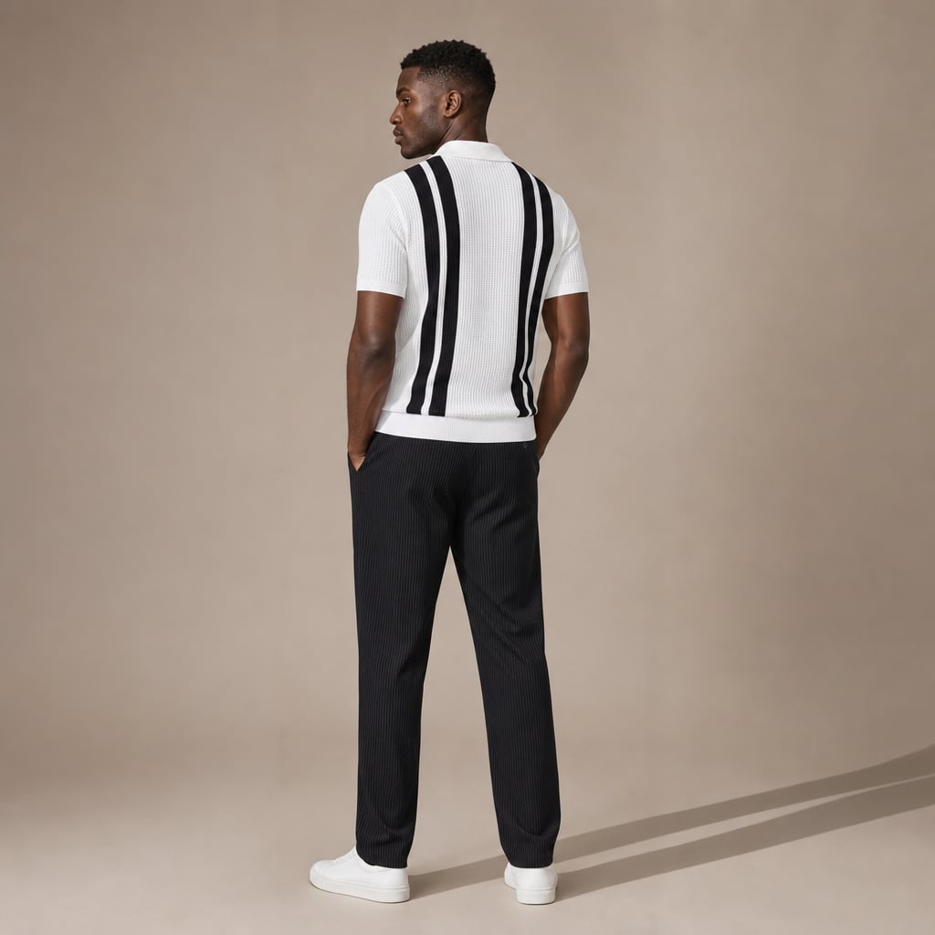 Mens Pant & Striped Knit Polo Set Waffle Drawstring White – Full Look