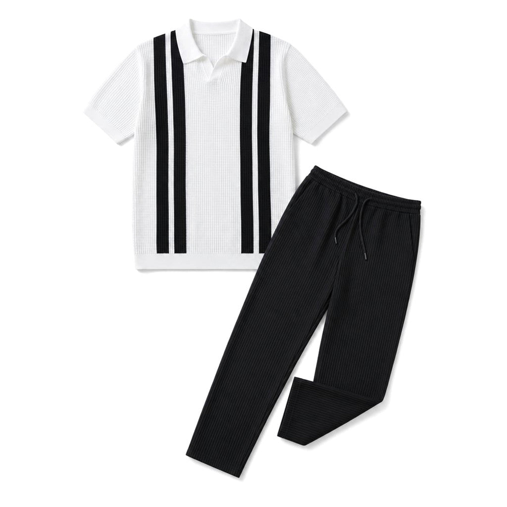 Mens Pant & Striped Knit Polo Set Waffle Drawstring White – Product Photo