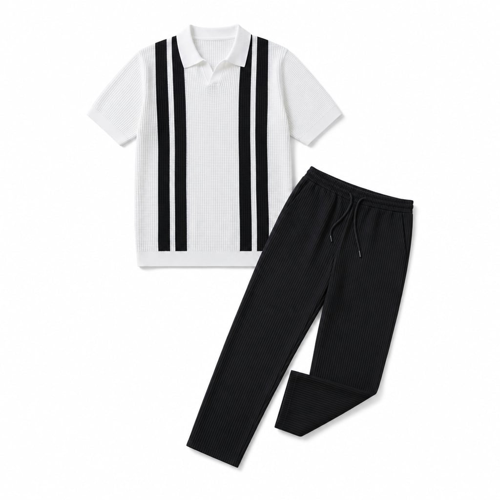 Mens Pant & Striped Knit Polo Set Waffle Drawstring White – Product Photo