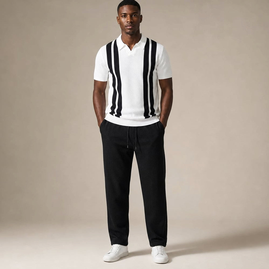 Mens Pant & Striped Knit Polo Set Waffle Drawstring in White – Tomosino Premium Menswear
