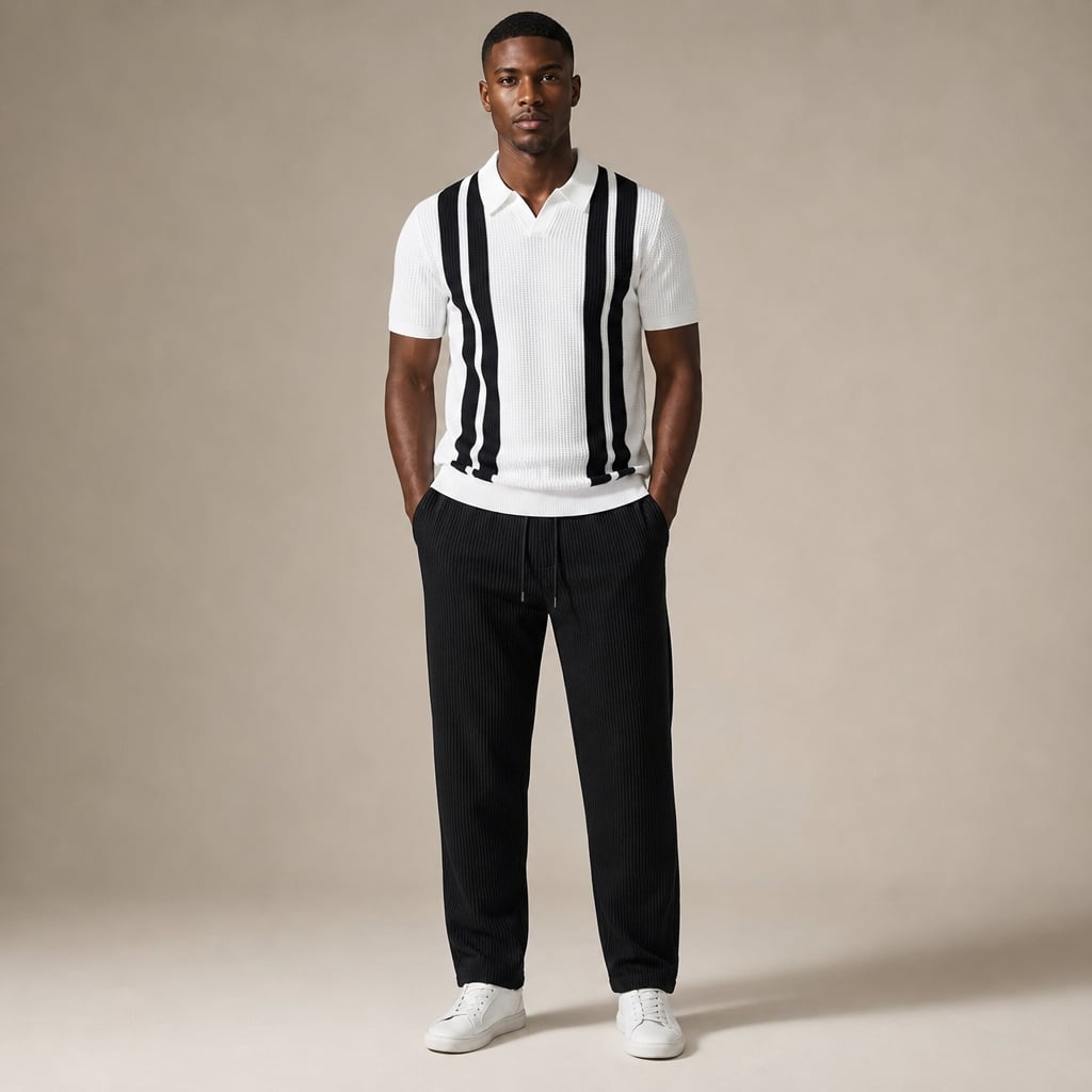 Mens Pant & Striped Knit Polo Set Waffle Drawstring in White – Tomosino Premium Menswear