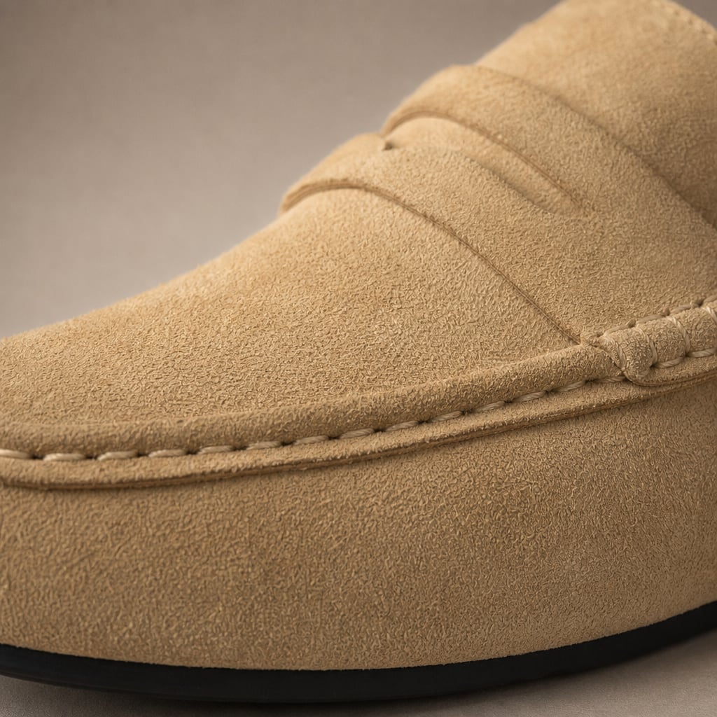 Men's Penny Mule Loafer Soft Touch Fabric Platform Sole Beige – Fabric and Detail Close-Up