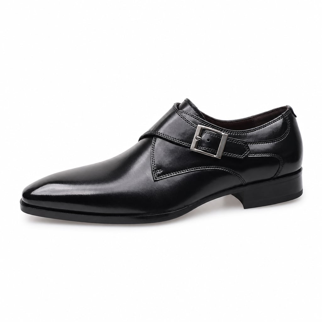 Men's Single Monk Strap Dress Shoe Almond Toe Buckle Detail Black – Product Photo