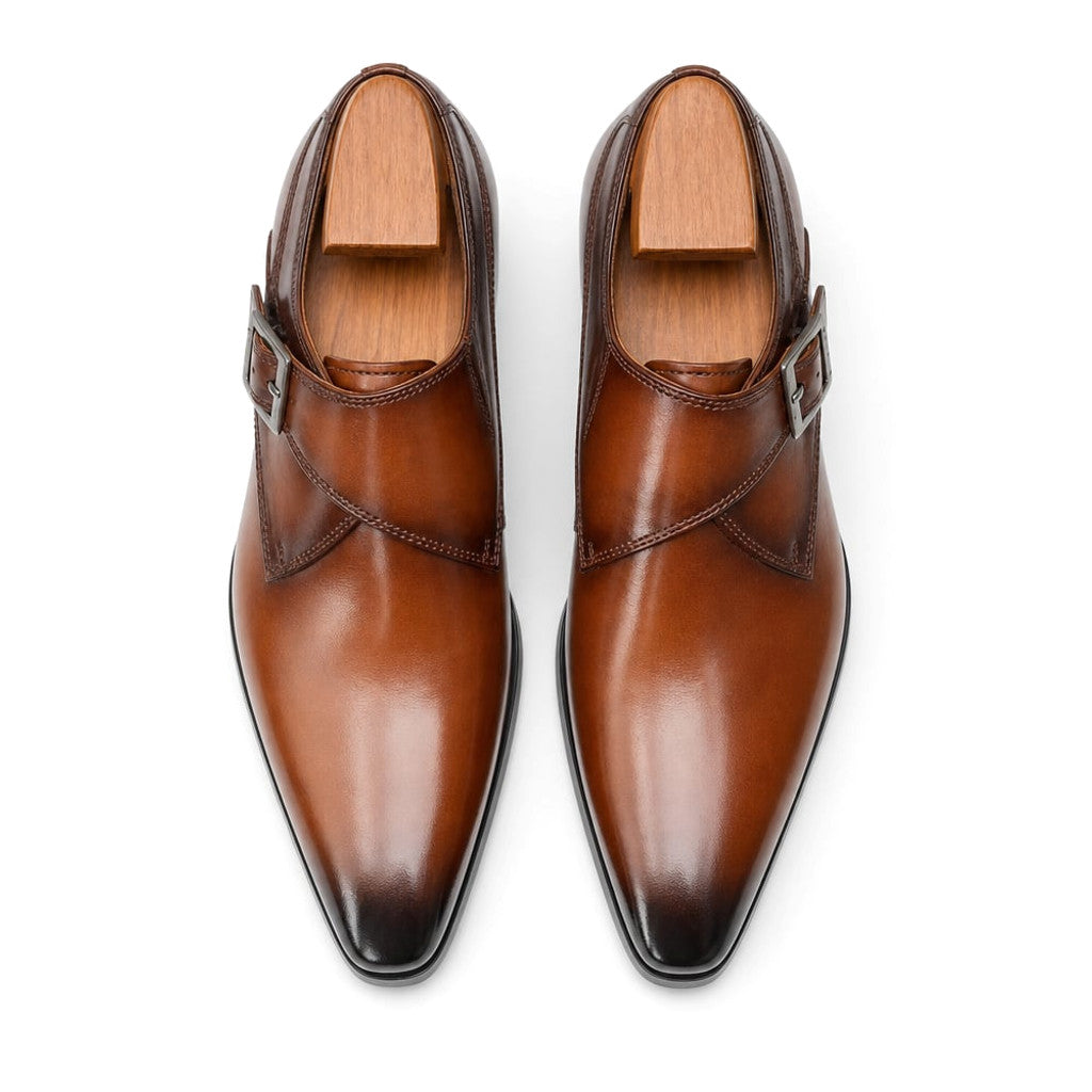Men's Single Monk Strap Dress Shoe Almond Toe Buckle Detail Brown – Side Angle View