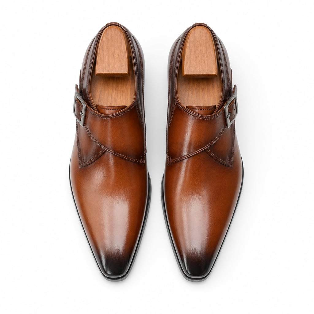 Men's Single Monk Strap Dress Shoe Almond Toe Buckle Detail Brown – Side Angle View