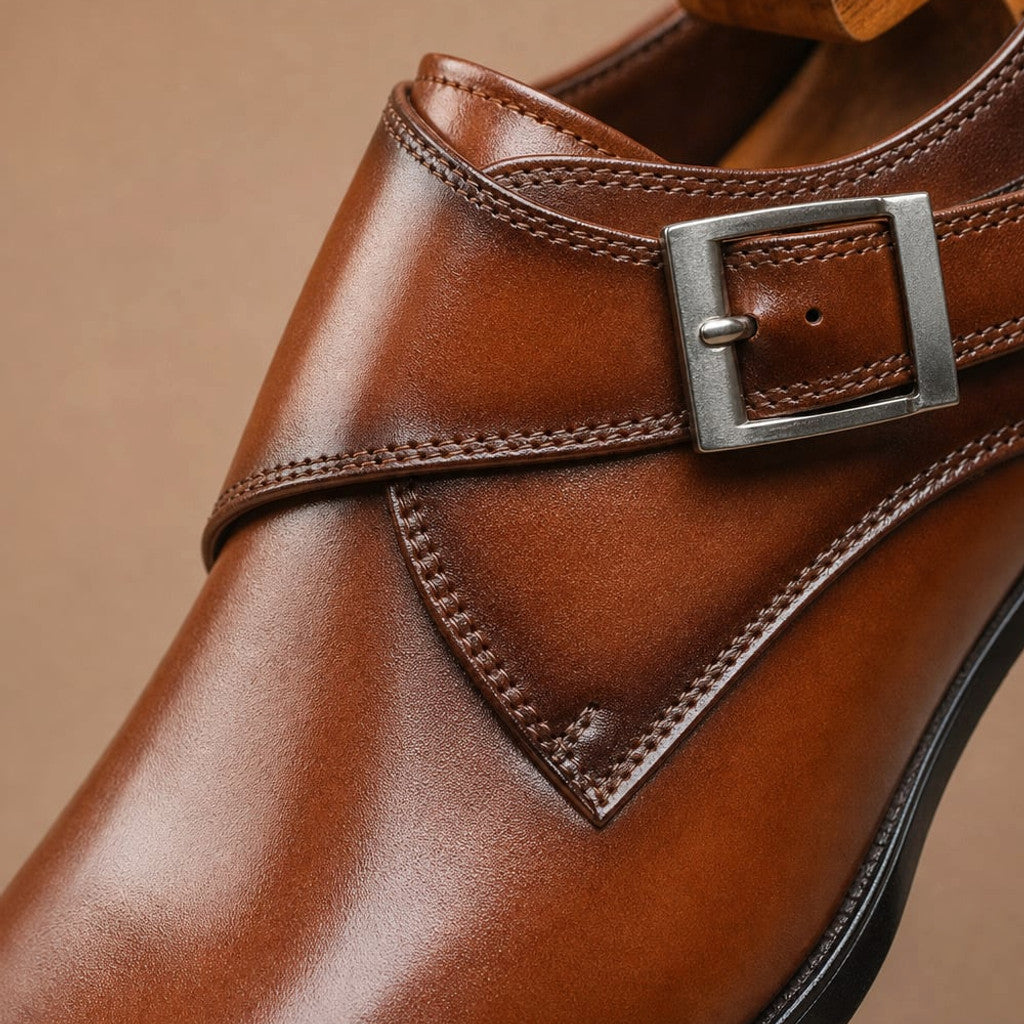 Men's Single Monk Strap Dress Shoe Almond Toe Buckle Detail Brown – Fabric and Detail Close-Up