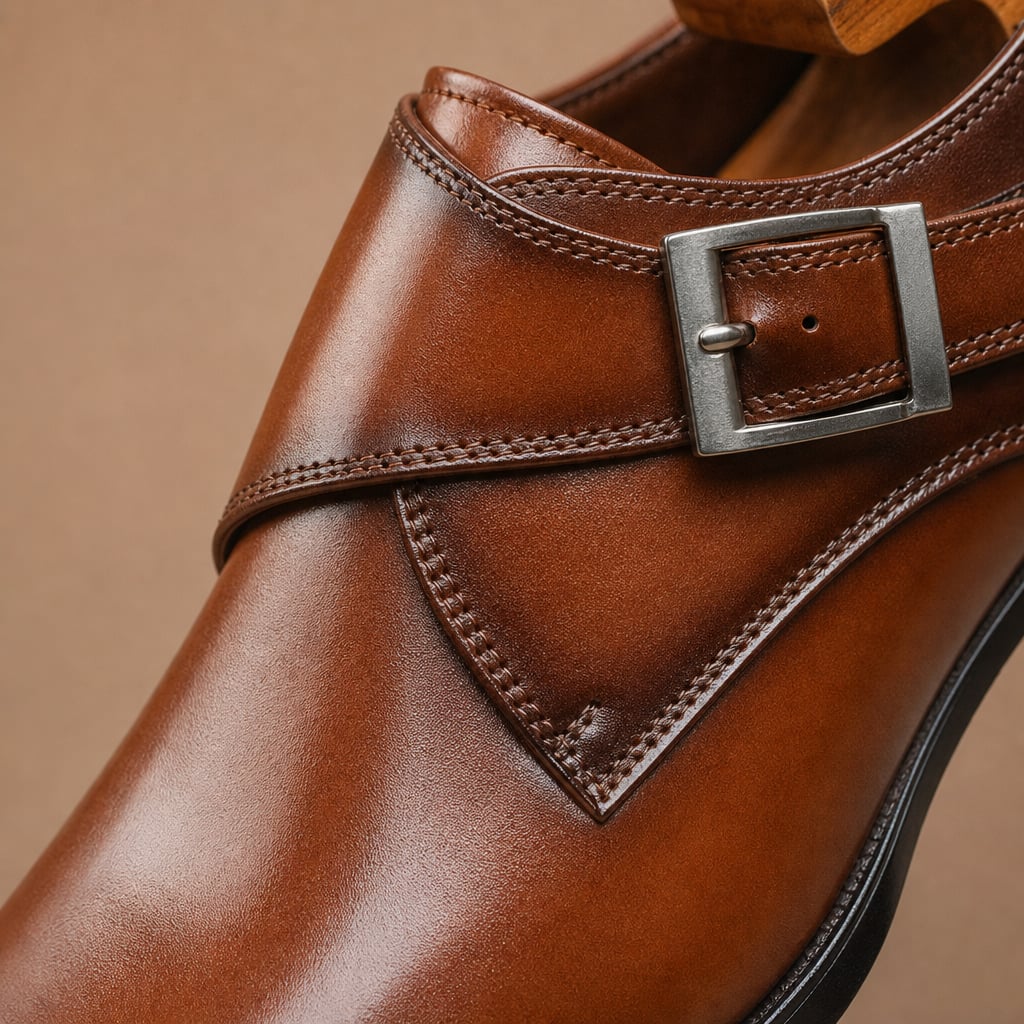 Men's Single Monk Strap Dress Shoe Almond Toe Buckle Detail Brown – Fabric and Detail Close-Up