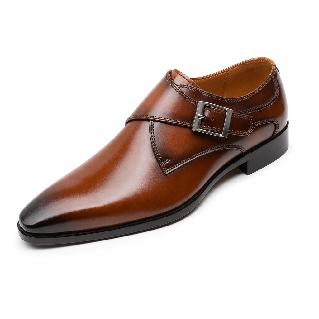 Men's Single Monk Strap Dress Shoe Almond Toe Buckle Detail Brown – Product Photo