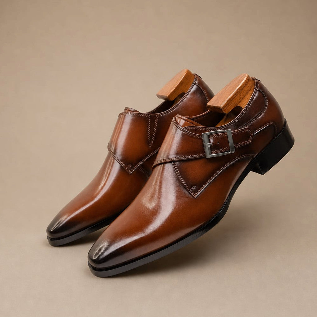 Men's Single Monk Strap Dress Shoe Almond Toe Buckle Detail in Brown – Tomosino Premium Menswear