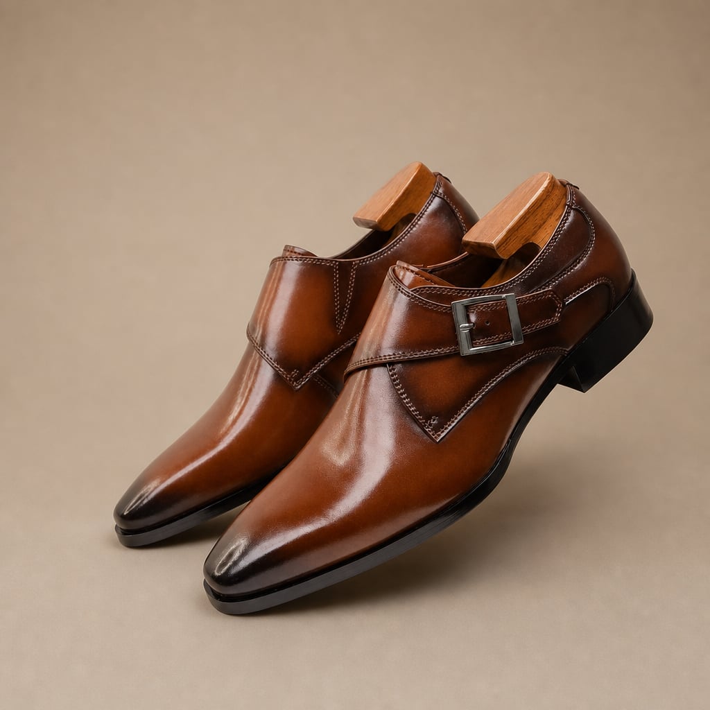 Men's Single Monk Strap Dress Shoe Almond Toe Buckle Detail in Brown – Tomosino Premium Menswear