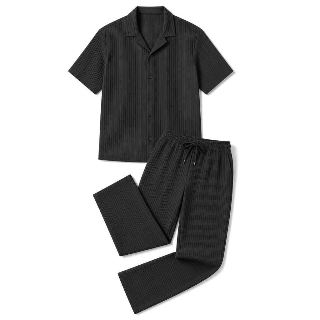 Men's Two-Piece Set Textured Stripe Shirt and Drawstring Trousers Black – Product Photo