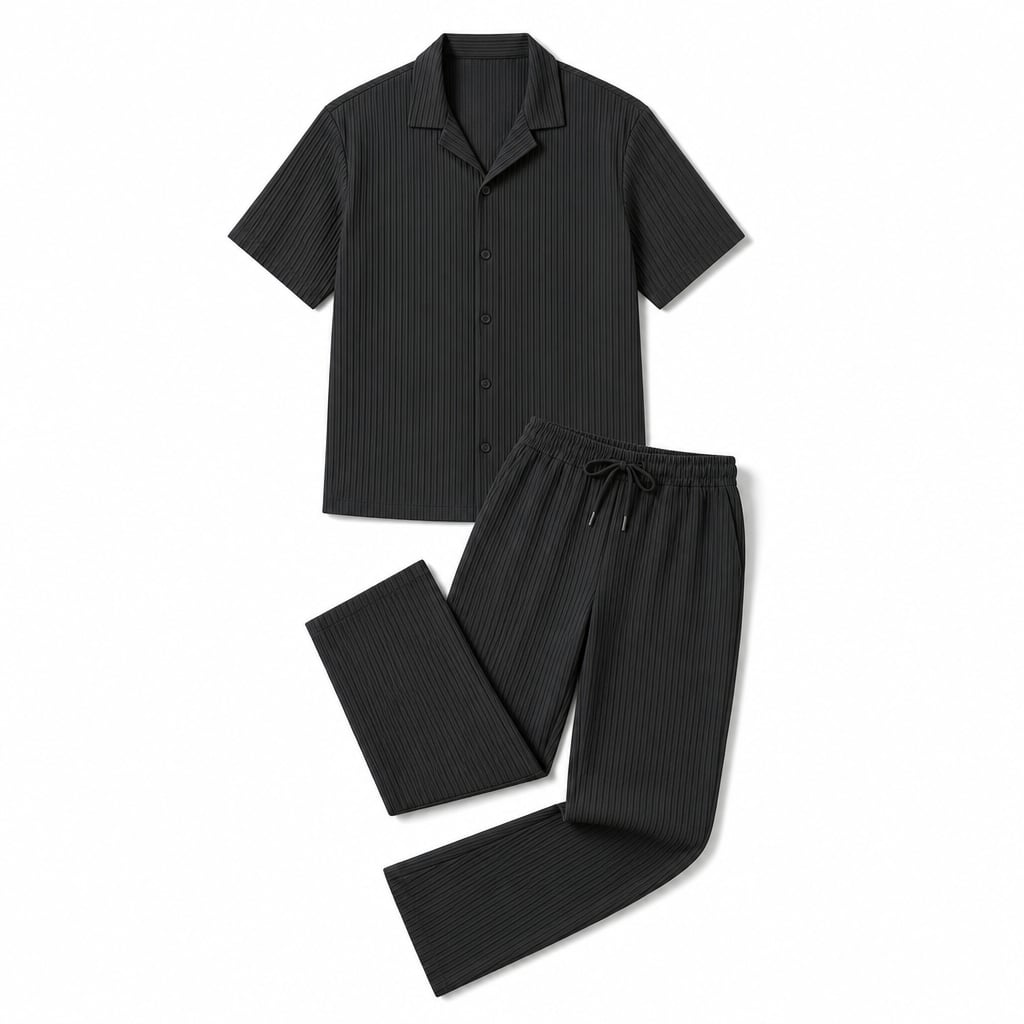 Men's Two-Piece Set Textured Stripe Shirt and Drawstring Trousers Black – Product Photo
