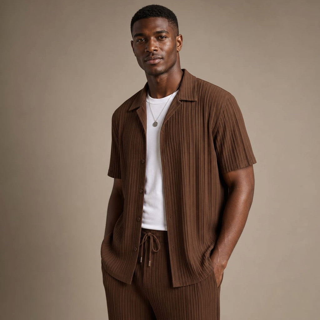 Men's Two-Piece Set Textured Stripe Shirt and Drawstring Trousers Brown – Side Angle View