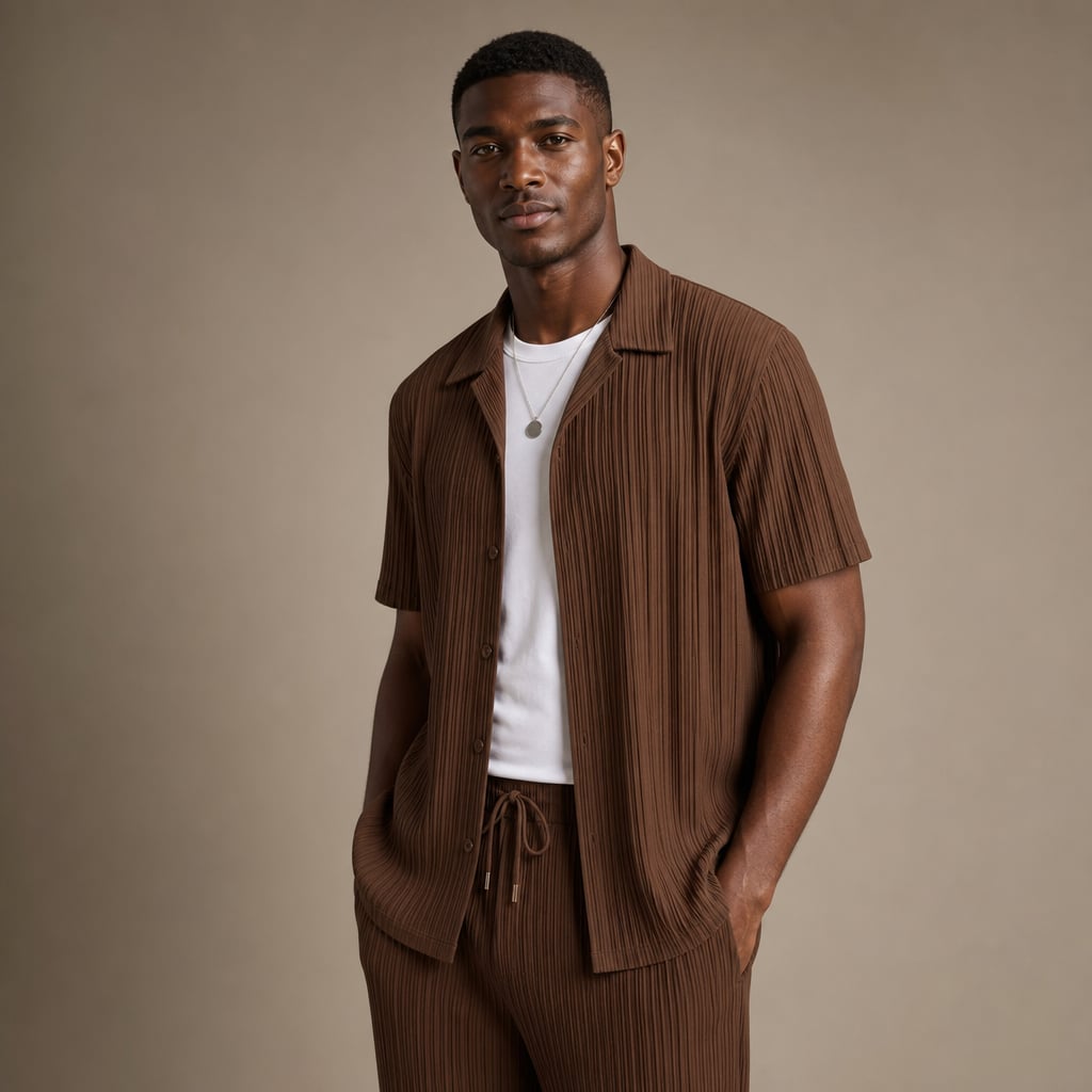 Men's Two-Piece Set Textured Stripe Shirt and Drawstring Trousers Brown – Side Angle View