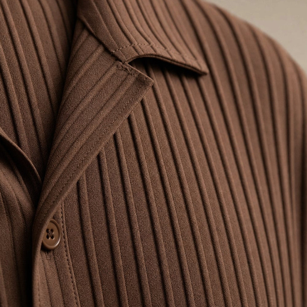 Men's Two-Piece Set Textured Stripe Shirt and Drawstring Trousers Brown – Fabric and Detail Close-Up