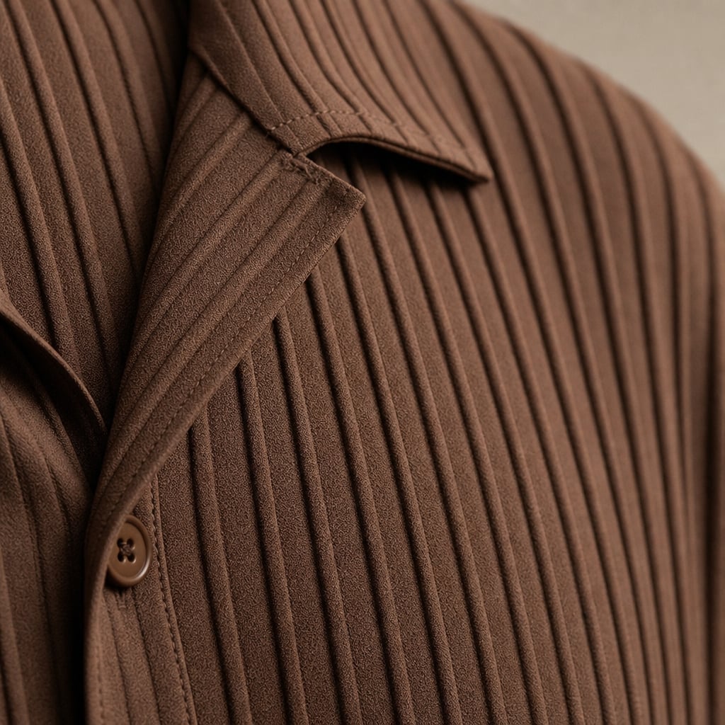 Men's Two-Piece Set Textured Stripe Shirt and Drawstring Trousers Brown – Fabric and Detail Close-Up