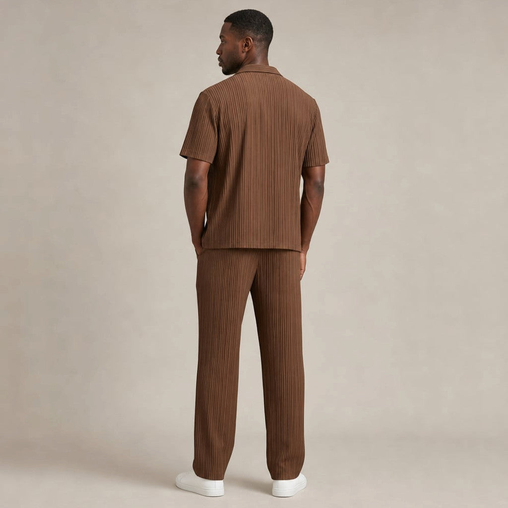 Men's Two-Piece Set Textured Stripe Shirt and Drawstring Trousers Brown – Full Look