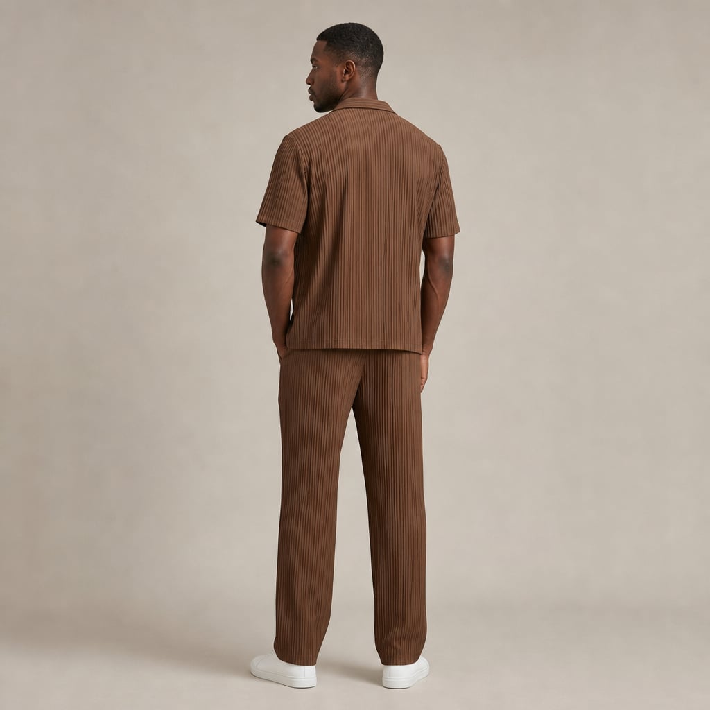 Men's Two-Piece Set Textured Stripe Shirt and Drawstring Trousers Brown – Full Look