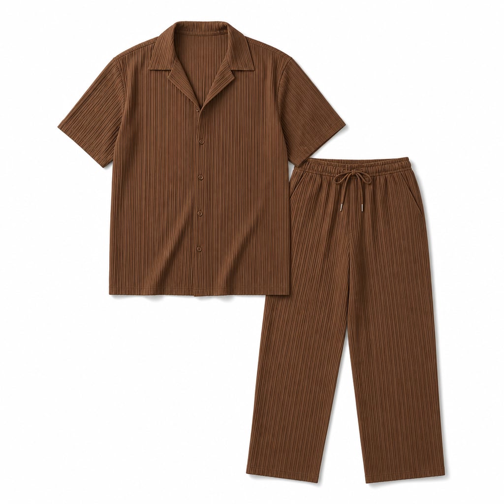 Men's Two-Piece Set Textured Stripe Shirt and Drawstring Trousers Brown – Product Photo