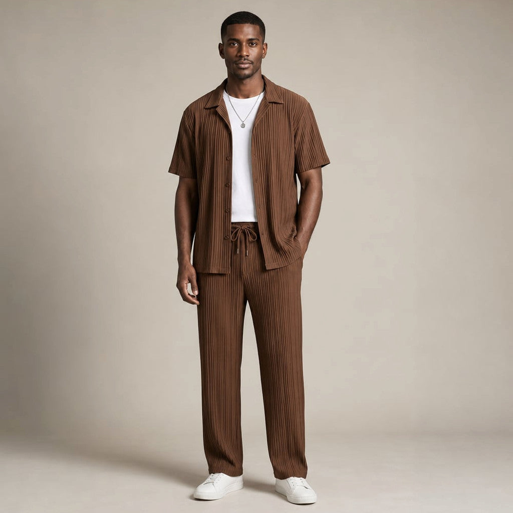 Men's Two-Piece Set Textured Stripe Shirt and Drawstring Trousers in Brown – Tomosino Premium Menswear