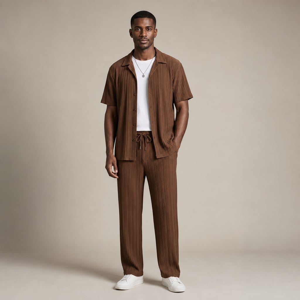 Men's Two-Piece Set Textured Stripe Shirt and Drawstring Trousers in Brown – Tomosino Premium Menswear