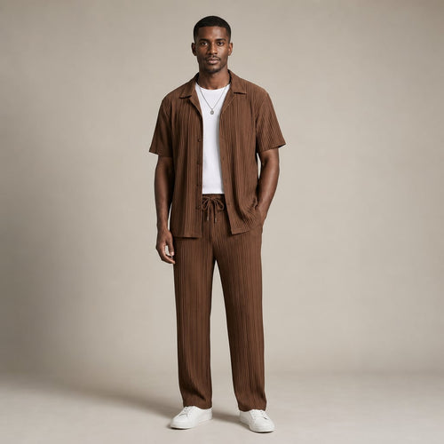 Men's Two-Piece Set Textured Stripe Shirt and Drawstring Trousers in Brown – Tomosino Premium Menswear