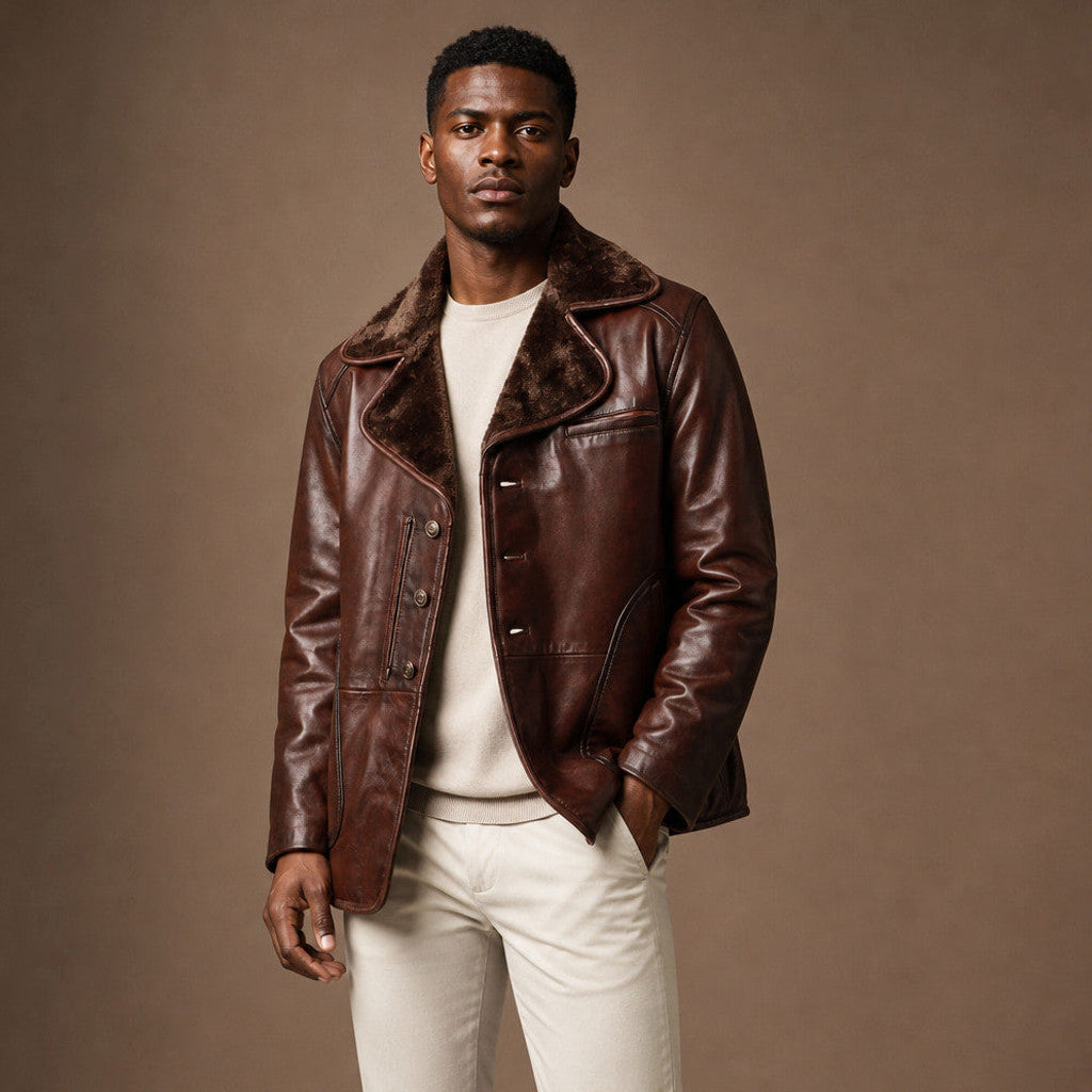 Mereton | Shearling Pea Coat Waxed Leather Dark Brown – Side Angle View