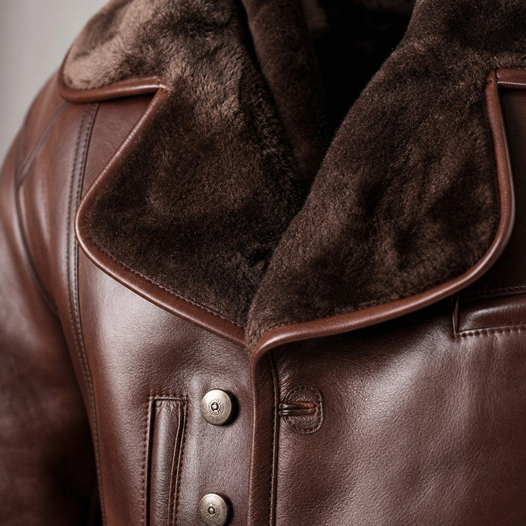 Mereton | Shearling Pea Coat Waxed Leather Dark Brown – Fabric and Detail Close-Up