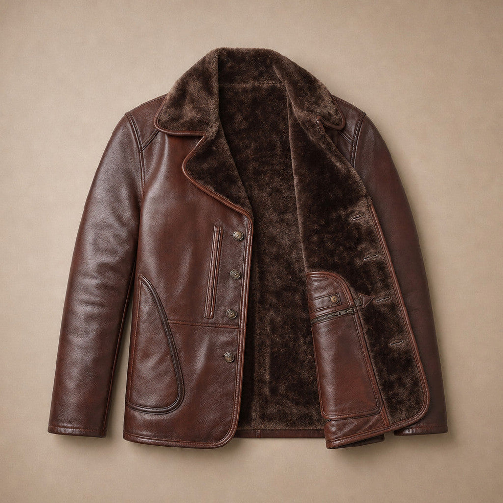 Mereton | Shearling Pea Coat Waxed Leather Dark Brown – Flat Lay Product Photo