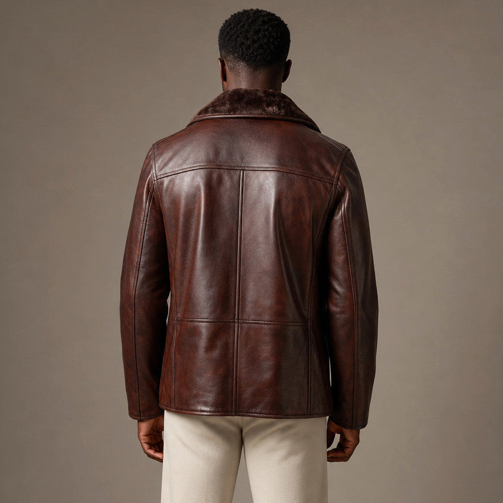 Mereton | Shearling Pea Coat Waxed Leather Dark Brown – Full Look