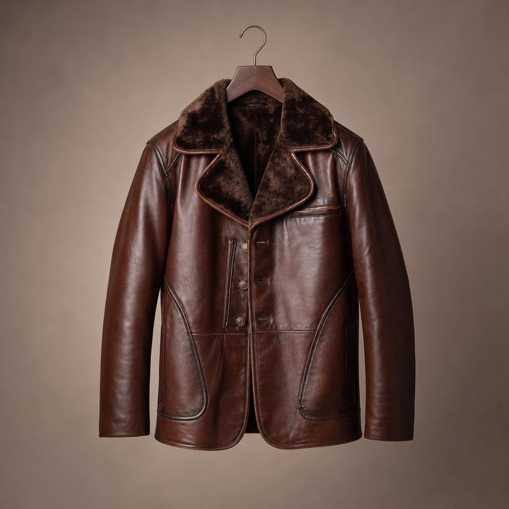 Mereton | Shearling Pea Coat Waxed Leather Dark Brown – Product Photo