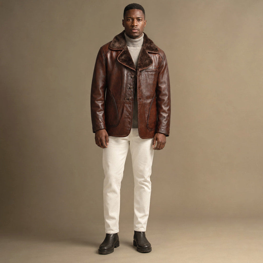Mereton | Shearling Pea Coat Waxed Leather Dark Brown – Premium Editorial