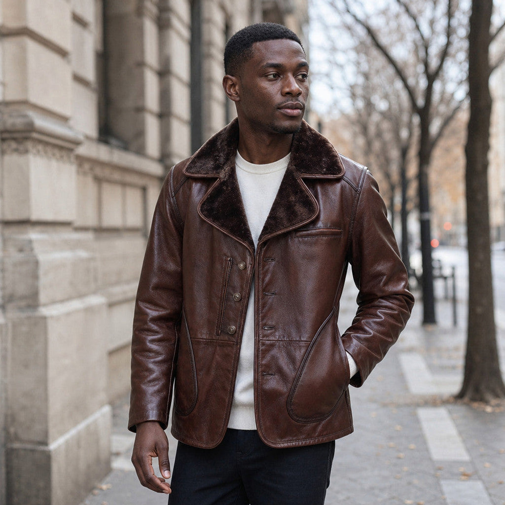 Mereton | Shearling Pea Coat Waxed Leather Dark Brown – Styled Editorial Shot