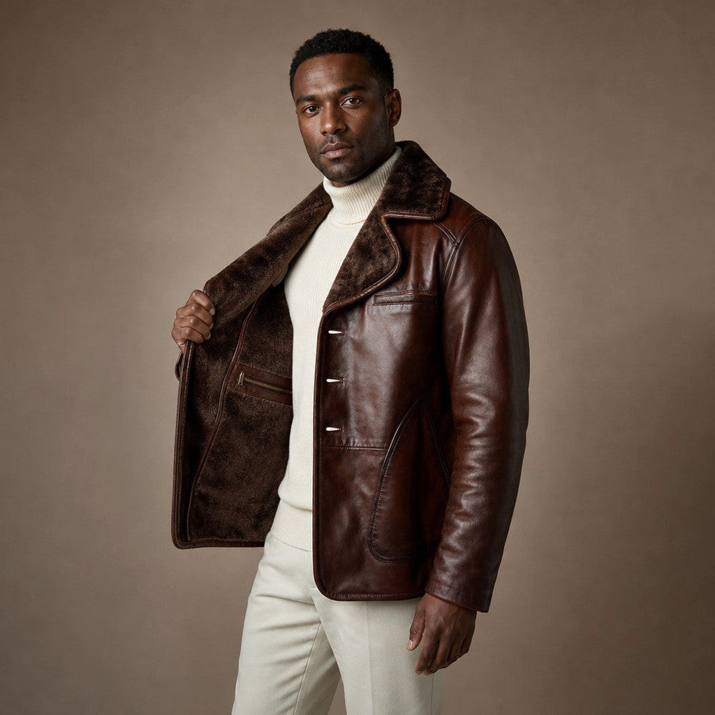 Mereton | Shearling Pea Coat Waxed Leather Dark Brown – Interior Lining Detail